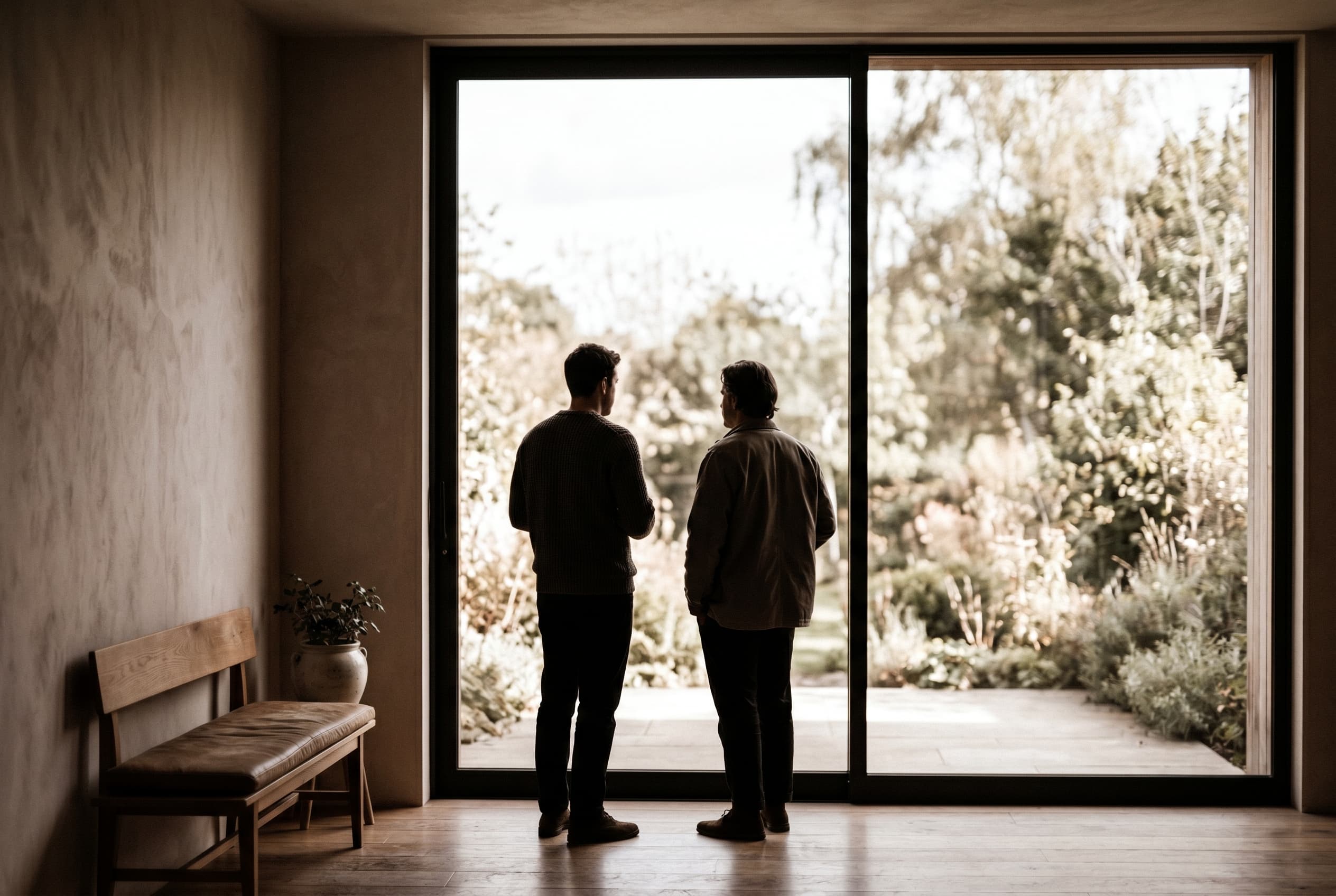 Two colleagues in conversation beside a window